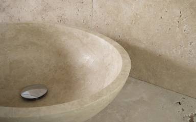 Travertin beige Naturstein Waschbecken oval Modell Sefa